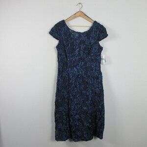 Alex Evenings Mother of Bride Rosette Dress 16 Blue Sequin Lace Cocktail 596